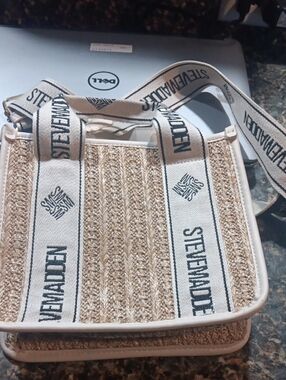 Steve Madden Natural Beige Woven Crossbody with Logo Strap